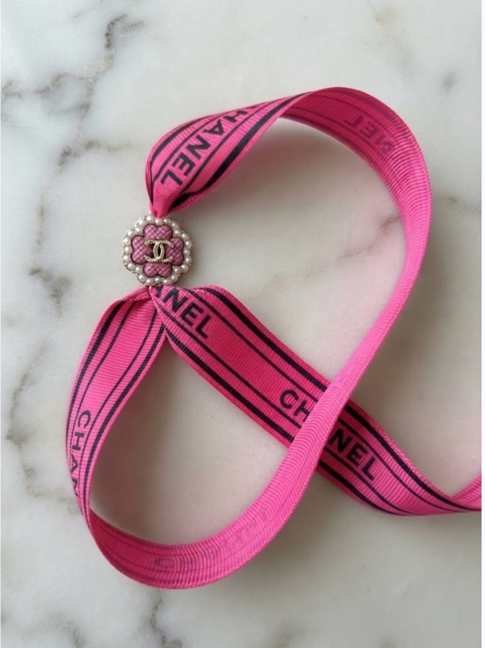 CHANEL Hot Pink Gift Ribbon with Removable Camellia Charm (about 24 inch long)